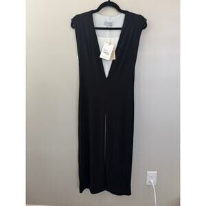 NWT Women’s Jigsaw Matte Jersey Deep V-Neck Dress in Black w/White Contrast SZ S